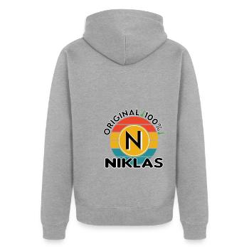 Niklas - Unisex Premium Bio Zip Hoodie - Grau meliert - Hinten - Nico (187cm)
