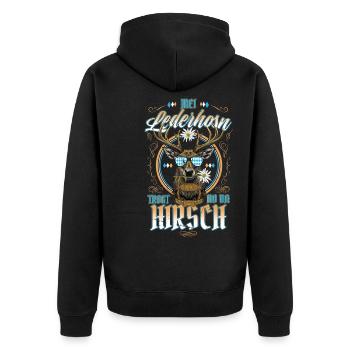 Mei Lederhosn is in da Wäsch Lederhosen Ersatz - Unisex Premium Organic Zip Hoodie - black - Back - Nico (187cm)