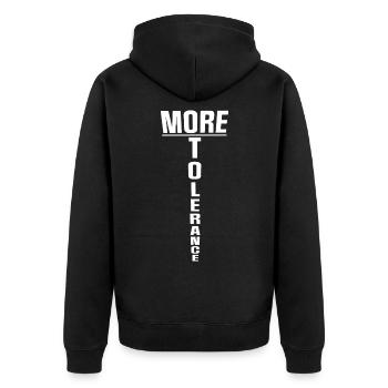 More Tolerance - Unisex Premium Organic Zip Hoodie - black - Back - Nico (187cm)