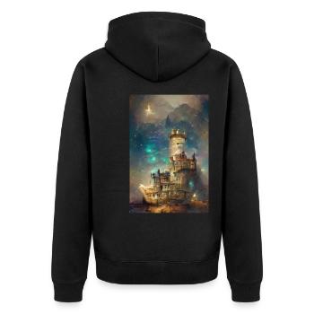 Ölgemälde Schloss, Schloss in sternenklarer Nacht, - Unisex Premium Bio Zip Hoodie - Schwarz - Hinten - Nico (187cm)