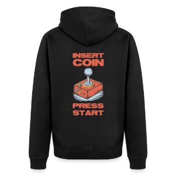 Insert coins press start. Retro joystick design. - Unisex Premium Organic Zip Hoodie - black - Back - Nico (187cm)