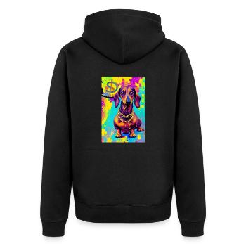 Modernes Pop-Art Print | Dachs mit Graffiti Bunt - Unisex Premium Bio Zip Hoodie - Schwarz - Hinten - Nico (187cm)
