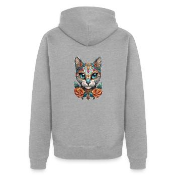 Katze Mexiko - Dia de los Muertos - Unisex Premium Bio Zip Hoodie - Grau meliert - Hinten - Nico (187cm)