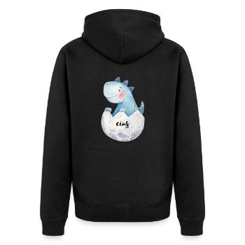 Geburtstagsaufdruck, Dino, blau - Unisex Premium Bio Zip Hoodie - Schwarz - Hinten - Nico (187cm)