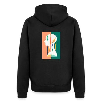 Abstrakte Frau mit haarlosem, rasiertem Kopf. - Unisex Premium Bio Zip Hoodie - Schwarz - Hinten - Nico (187cm)
