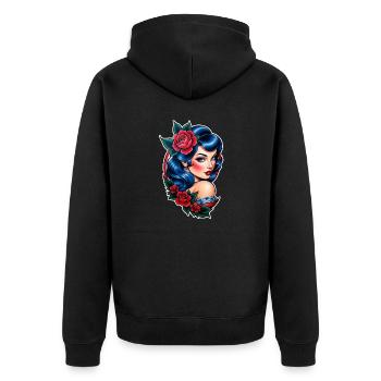 Rockabilly / Pin-up / 50er Jahre - Unisex Premium Bio Zip Hoodie - Schwarz - Hinten - Nico (187cm)