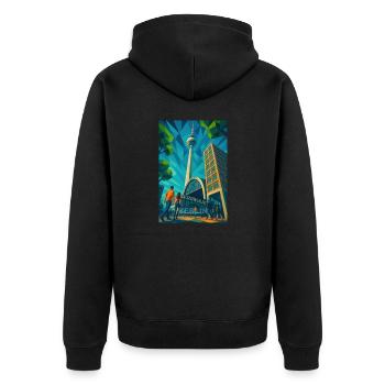 Berlin ALEXANDERPLATZ – Icon in Motion - Unisex Premium Bio Zip Hoodie - Schwarz - Hinten - Nico (187cm)