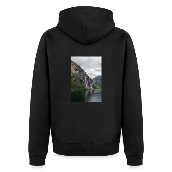 Seven Sisters Waterfall at the Geiranger fjords - Unisex Premium Bio Zip Hoodie - Schwarz - Hinten - Nico (187cm)
