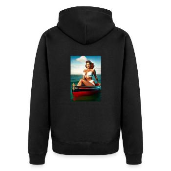 Pin Up Girl in small boat - Unisex Premium Bio Zip Hoodie - Schwarz - Hinten - Nico (187cm)