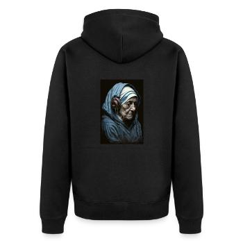 Mutter Theresa - Unisex Premium Bio Zip Hoodie - Schwarz - Hinten - Nico (187cm)