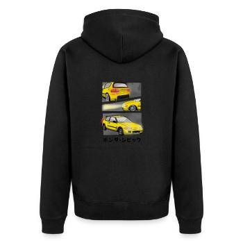 SUNRISE YELLOW CAR COMIC / HATCHBACK - Unisex Premium Bio Zip Hoodie - Schwarz - Hinten - Nico (187cm)