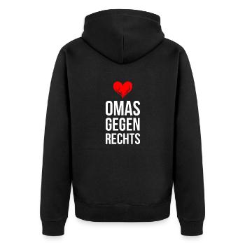 OMAS GEGEN RECHTS mit brennendem Herz - Unisex Premium Bio Zip Hoodie - Schwarz - Hinten - Nico (187cm)