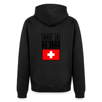 swiss made in - Unisex Premium Bio Zip Hoodie - Schwarz - Hinten - Nico (187cm)
