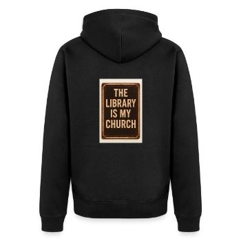 Die Bibliothek ist meine Kirche - Unisex Premium Bio Zip Hoodie - Schwarz - Hinten - Nico (187cm)