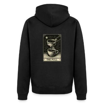 Tarot für Kaffeeliebhaber – Der Sog - Unisex Premium Bio Zip Hoodie - Schwarz - Hinten - Nico (187cm)