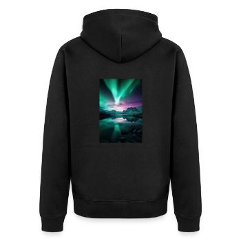 Polarlichter über arktischen Gipfeln - Unisex Premium Bio Zip Hoodie - Schwarz - Hinten - Nico (187cm)