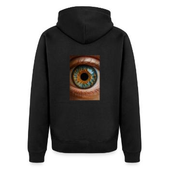 Feurige blaue Iris Nahaufnahme - Unisex Premium Bio Zip Hoodie - Schwarz - Hinten - Nico (187cm)