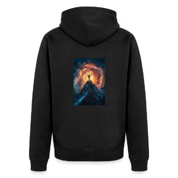 Unter kosmischem Feuer - Unisex Premium Bio Zip Hoodie - Schwarz - Hinten - Nico (187cm)