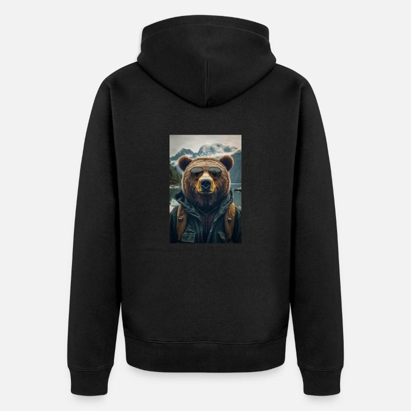 Cooler Wanderbär Entdecker - Unisex Premium Bio Zip Hoodie - Schwarz
