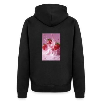 Erdbeeren in Pink Splash - Unisex Premium Bio Zip Hoodie - Schwarz - Hinten - Nico (187cm)