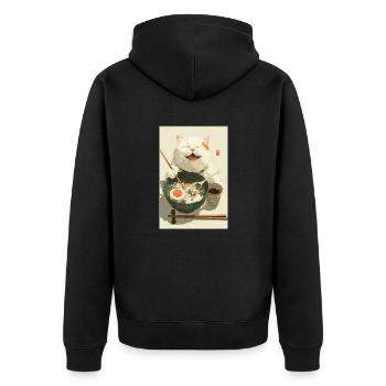 Glückliche weiße Katze isst Ramen - Unisex Premium Bio Zip Hoodie - Schwarz - Hinten - Nico (187cm)
