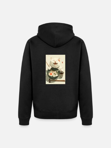 Happy White Cat Eating Ramen - Unisex Premium Organic Zip Hoodie - black