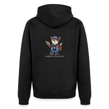 Bring deinen Bullshit woanders hin! - Unisex Premium Bio Zip Hoodie - Schwarz - Hinten - Nico (187cm)