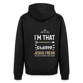 I'm That Motorcycle Riding Jesus... - Unisex Premium Organic Zip Hoodie - black - Back - Nico (187cm)