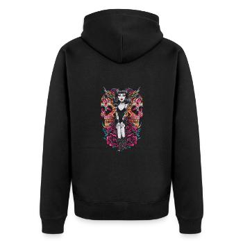 Gothic Tattooed Frau mit Kunstwerk und Rosen - Unisex Premium Bio Zip Hoodie - Schwarz - Hinten - Nico (187cm)