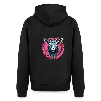 Ziegenbock Portrait auf großem Farbklecks - Unisex Premium Bio Zip Hoodie - Schwarz - Hinten - Nico (187cm)