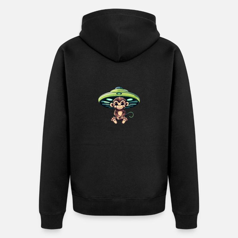 Alien-UFO und sitzender Schimpanse - Unisex Premium Bio Zip Hoodie - Schwarz