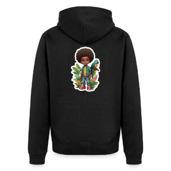 Kind mit Papagei umgeben von tropischer Natur - Unisex Premium Bio Zip Hoodie - Schwarz - Hinten - Nico (187cm)