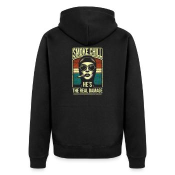 Smoke Chill Er ist der wahre Schaden - Unisex Premium Bio Zip Hoodie - Schwarz - Hinten - Nico (187cm)