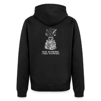 "Buchfreund > Echter Freund" ! - Unisex Premium Bio Zip Hoodie - Schwarz - Hinten - Nico (187cm)