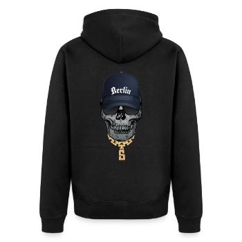 Cooler Totenkopf Hip Hop Style, Schriftzug Berlin - Unisex Premium Bio Zip Hoodie - Schwarz - Hinten - Nico (187cm)