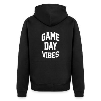 Spieltags-Vibes! Sonntags-Fußball! - Unisex Premium Bio Zip Hoodie - Schwarz - Hinten - Nico (187cm)