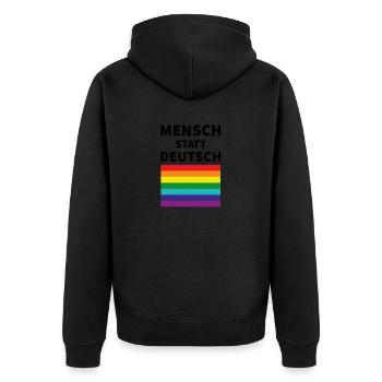 Mensch statt deutsch Spruch Pride Flagge - Unisex Premium Bio Zip Hoodie - Schwarz - Hinten - Nico (187cm)