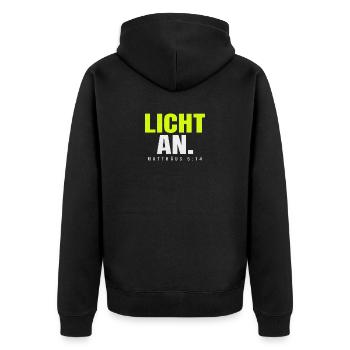 Licht an. – Matthäus 5,14 - Unisex Premium Bio Zip Hoodie - Schwarz - Hinten - Nico (187cm)