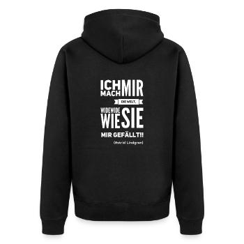 Ich mach mir die Welt widewide wie sie mir gefällt - Unisex Premium Bio Zip Hoodie - Schwarz - Hinten - Nico (187cm)