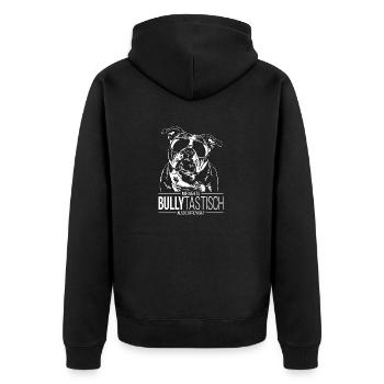 BULLYTASTISCH Old English Bulldog Hundespruch OEB - Unisex Premium Bio Zip Hoodie - Schwarz - Hinten - Nico (187cm)