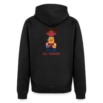 We are all humans - Wir sind alle Menschen - Unisex Premium Bio Zip Hoodie - Schwarz - Hinten - Nico (187cm)