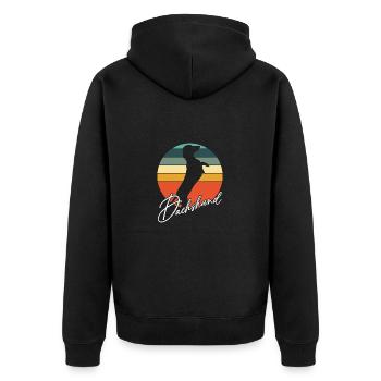 Dackelsilhouetten in Vintage Kreisfläche - Unisex Premium Bio Zip Hoodie - Schwarz - Hinten - Nico (187cm)