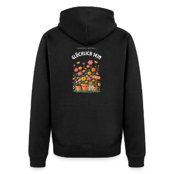 Wachsen, blühen, glücklich sein – Gärtner Design - Unisex Premium Bio Zip Hoodie - Schwarz - Hinten - Nico (187cm)