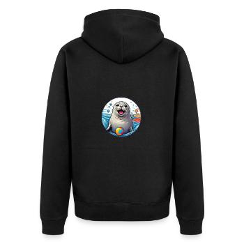 Lachender Seehund Robbe mit buntem Ball - Unisex Premium Bio Zip Hoodie - Schwarz - Hinten - Nico (187cm)
