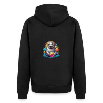 Lachender Seehund Robbe mit buntem Ball - Unisex Premium Bio Zip Hoodie - Schwarz - Hinten - Nico (187cm)