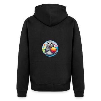 Lachender Seehund Robbe mit buntem Ball - Unisex Premium Bio Zip Hoodie - Schwarz - Hinten - Nico (187cm)