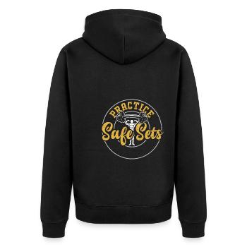Practice Safe Sets - Gym - Unisex Premium Bio Zip Hoodie - Schwarz - Hinten - Nico (187cm)