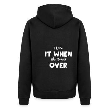 I Love It When She Bends Over - Unisex Premium Bio Zip Hoodie - Schwarz - Hinten - Nico (187cm)