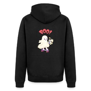 Freundlicher Geist mit Blumen auf Skateboard - BOO - Unisex Premium Bio Zip Hoodie - Schwarz - Hinten - Nico (187cm)
