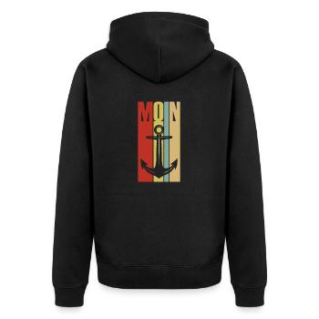 Moin - Guten Morgen - Nordsee - Ostsee - Anker - Unisex Premium Bio Zip Hoodie - Schwarz - Hinten - Nico (187cm)